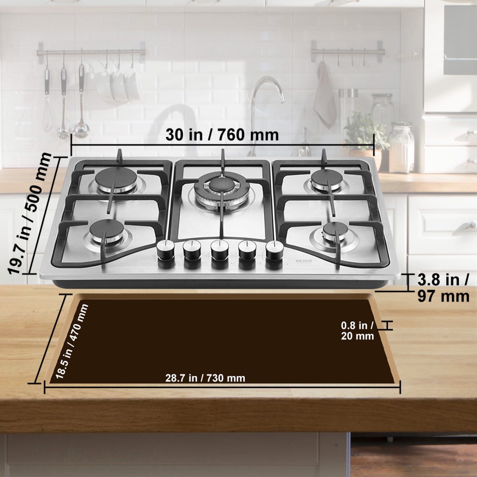 VEVOR 30-inch Gas Cooktop, 5 Burners Built-in Gas Stove Top, Max 12250BTU NG/LPG Convertible Stainless Steel Natural Gas Hob, with Thermocouple Protection for Camping, RV, Apartment