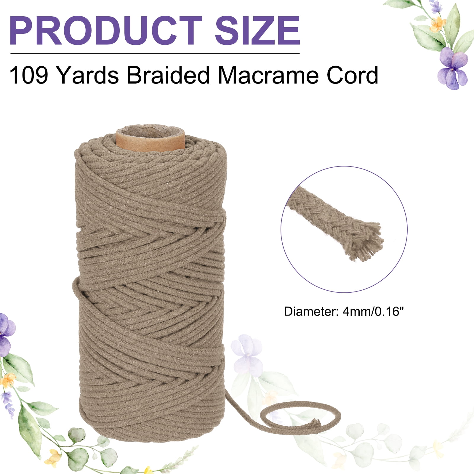 Braided Macrame Cord, 4mm x 109 Yards Natural Cotton Rope Macrame Yarn Bohemia Craft String with Scissors(Light Brown)