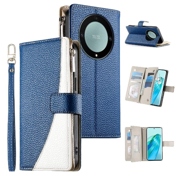 Funda cartera GANGXUN para Honor Magic 5 Lite , cuero PU con tarjetero, cremallera, correa de mano, soporte y protección 1414°