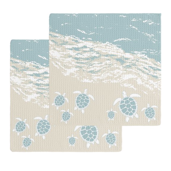 Blue Coastal Sea Turtle Kitchen Dish Towels for Drying Dishes Set of 2, Summer Beach Ocean Abstract Art Waffle Weave Microfiber Hand Tea Bathroom Towels Quick Dry & Absorbent Towel 12x12