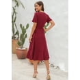 thumbnail image 4 of Women Summer Dress Wrap V-Neck Short Sleeve Casual Beach Dress A-Line Pleated Midi Sun Dresses (Wine, S), 4 of 5