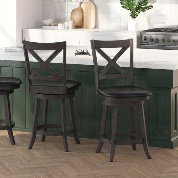 Merrick Lane Modern Swivel Ladderback Counter Height Bar Stools, Gray Wash Walnut/Black