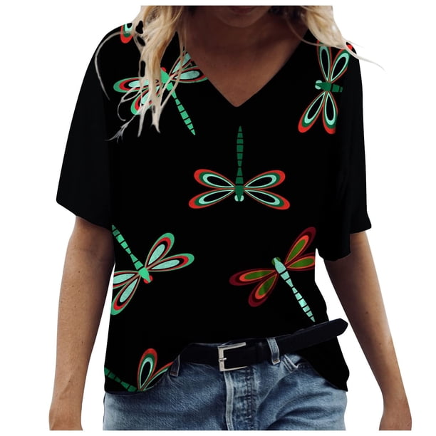 Camiseta estampada de moda para mujer Blusa de manga corta con cuello en V Tops casuales Pompotops hkajfhjk471750