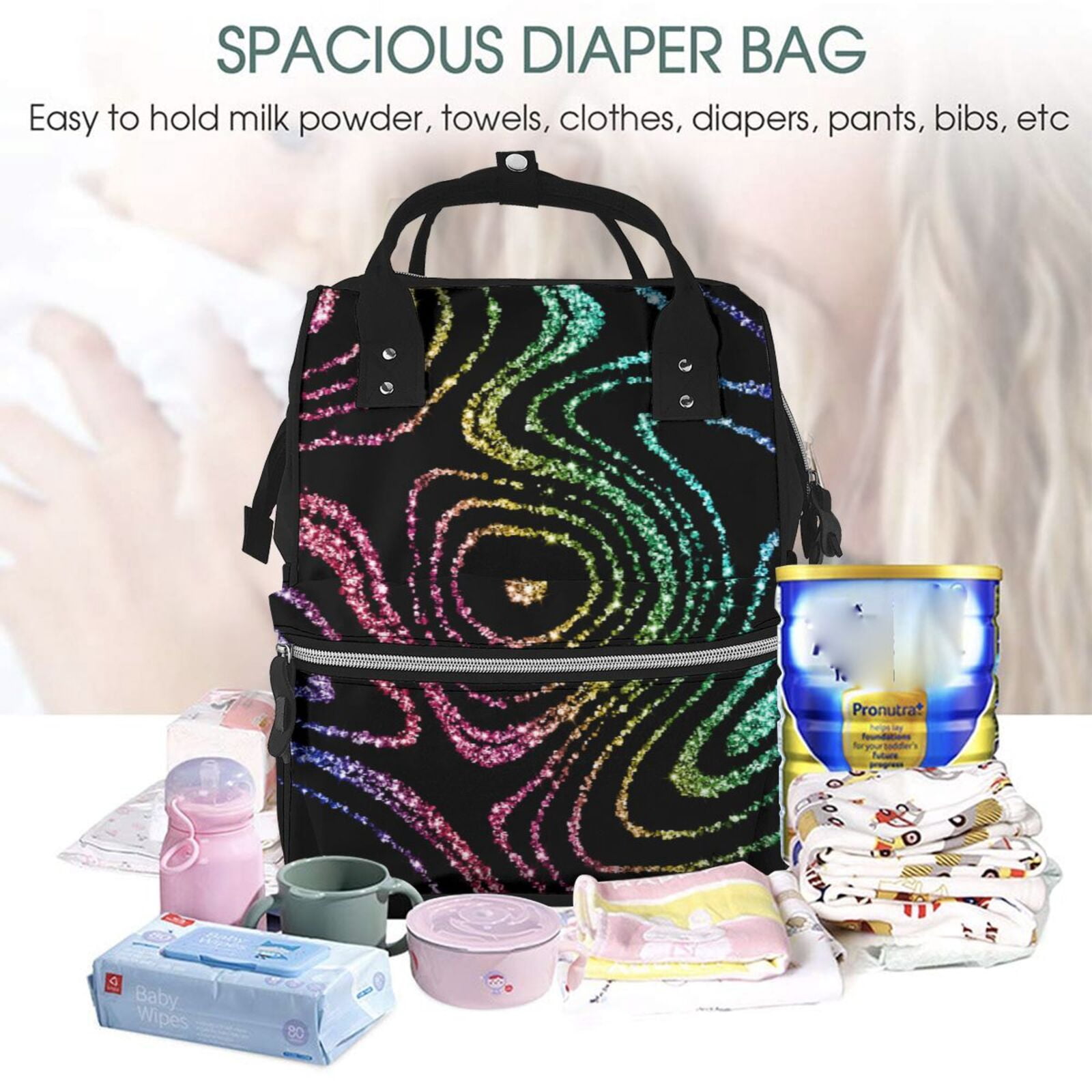 Ratiio Rainbow Glitter Mummy Backpack - Waterproof Twill Canvas, Large Capacity Diaper Bag with Multiple Pockets and Adjustable Straps