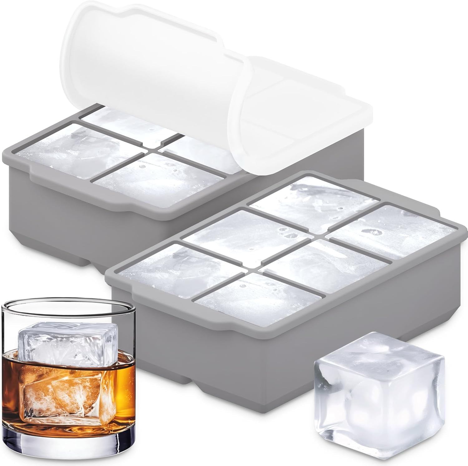 Large Silicone Ice Cube Tray 2-Pack with Lid, Easy Release Big 2-Inch Ice Molds for Cocktails and Whiskey, Stackable Freezer Trays Durable Black