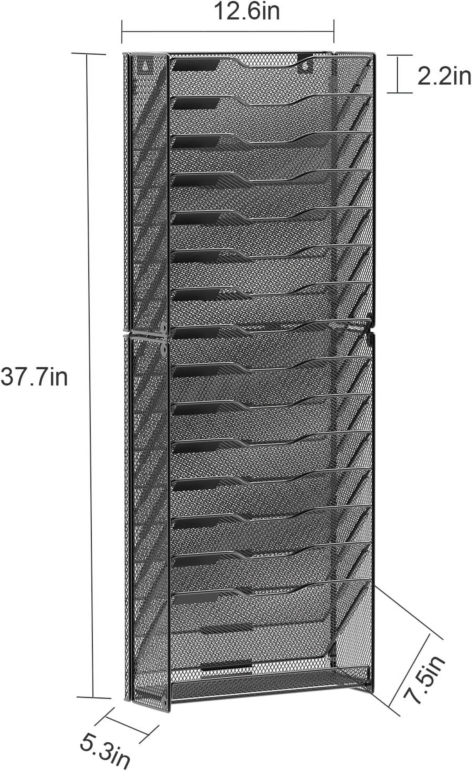 10 Tier Wall File Organizer, Hanging Wall Mount File Holder Paper Folder Mail Organizer, Mesh Metal, Black.