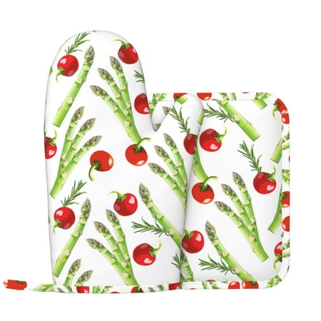 

tomato Asparagus Pattern Oven Mitts and Pot Holders Sets with 1 Non-Slip Left Silicone Oven Mitts and 1 Heatproof Insulated Hot Pads for Kitchen Use in Cooking Baking Grilling