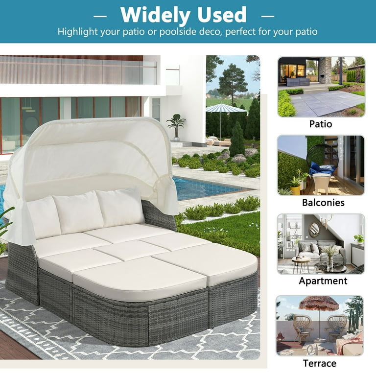 Patio Sectional Daybed Outdoor Wicker Furniture Set with Retractable Canopy Sectional Sofa Set w Height Adjustable Table Cushions for Patio Deck Poolside Garden Backyard Walmart