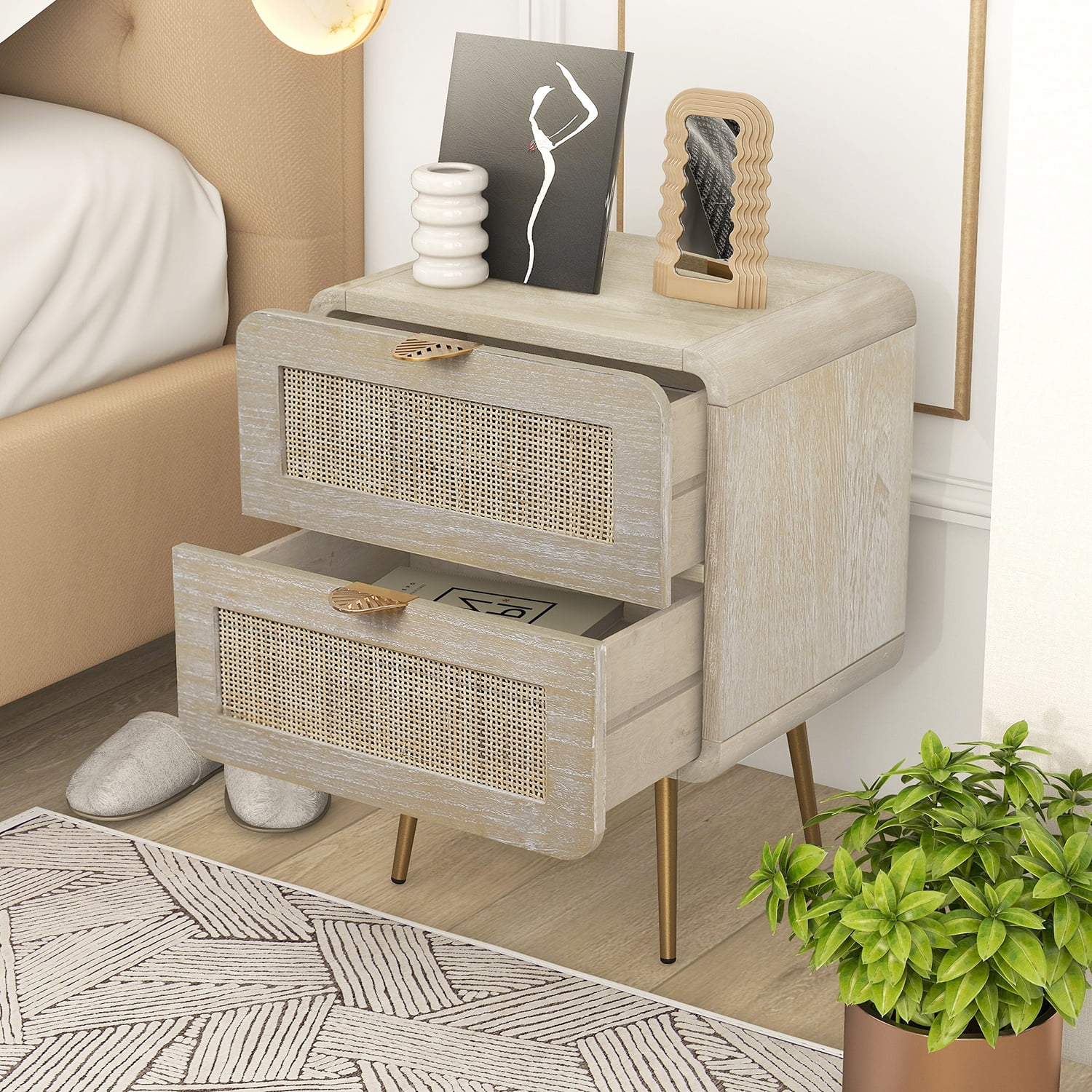 Resenkos Natural Rattan Drawer Nightstand with Accent Handle and Metal Leg Resenkos Natural Rattan Drawer Nightstand with Accent Handle and Metal Leg
