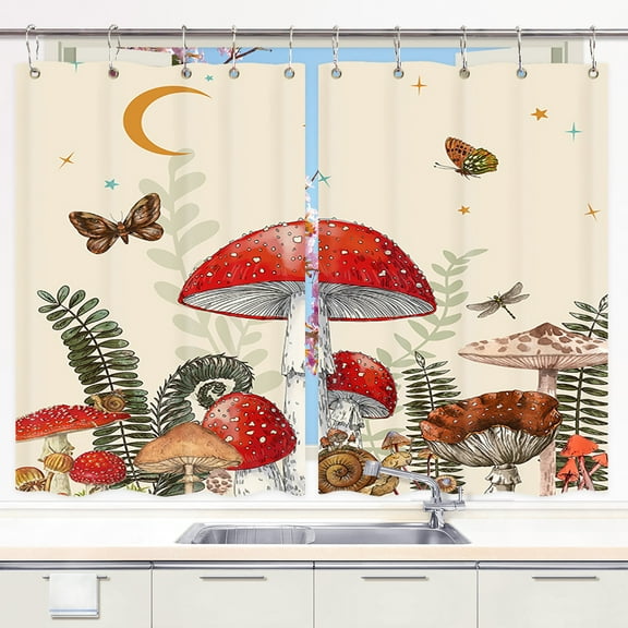 Modern Boho Kitchen Curtains Mushroom Moon Butterfly Decor Window Drapes Curtains 2 Panels Set Fabric Window Treatment Sets With Hooks 55X39 Inches