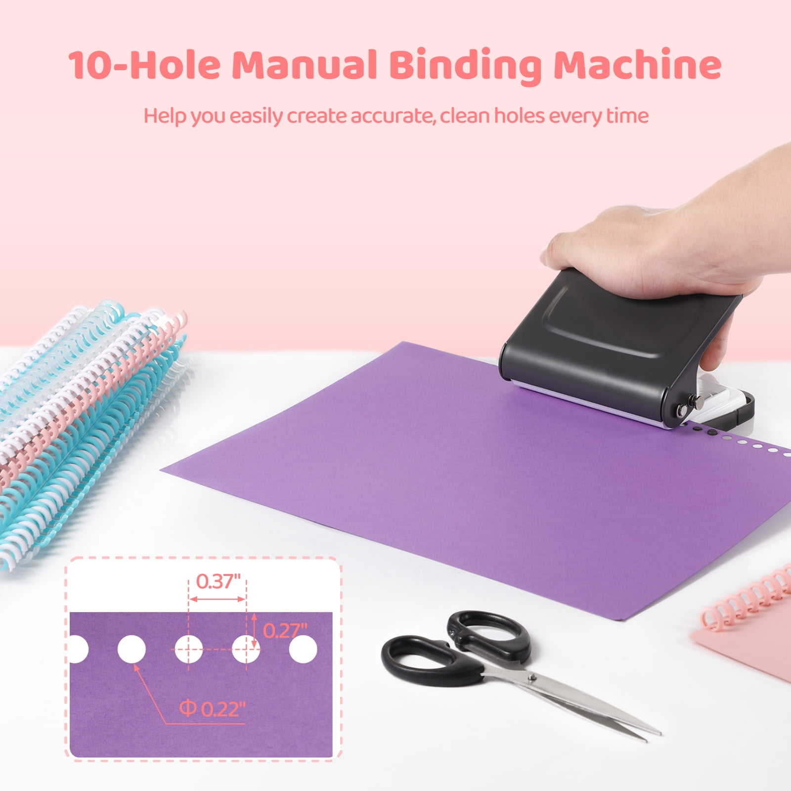 10-Holes Mini Manual Binding Machine, Book Binding Machine with 4-Color Binding Spines, Multipurpose Coil Binding Machine for Home Office