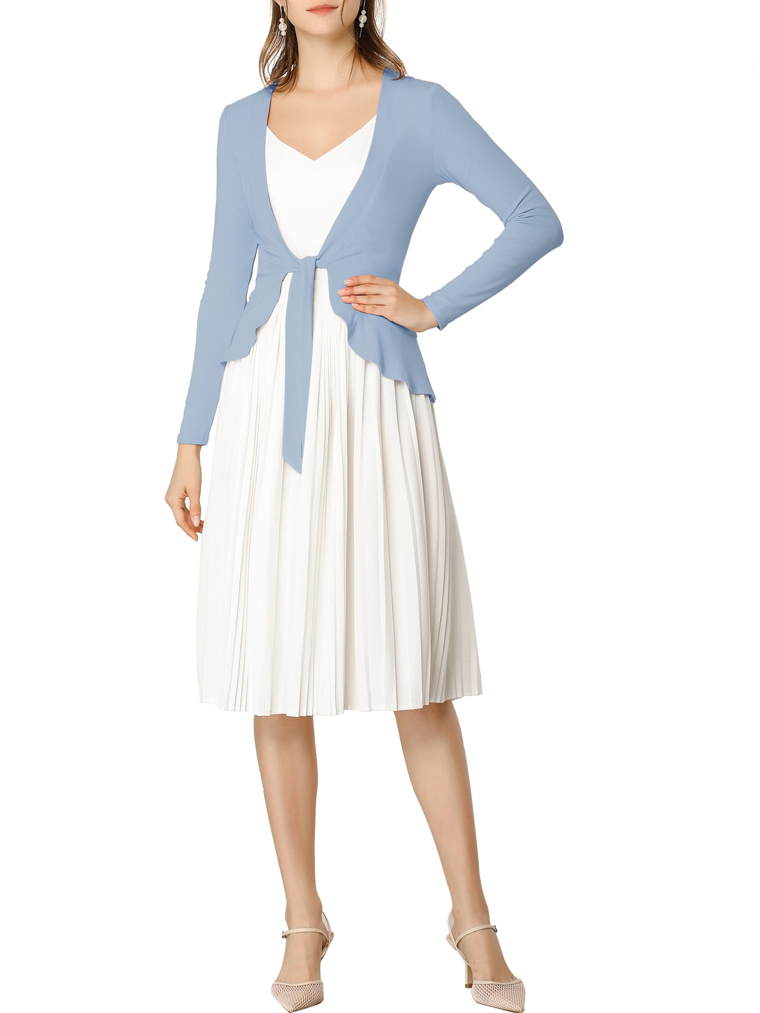 DARING DIVA Women's Tie Front Ruffled Hem Crop Knit Cardigan L Light Blue