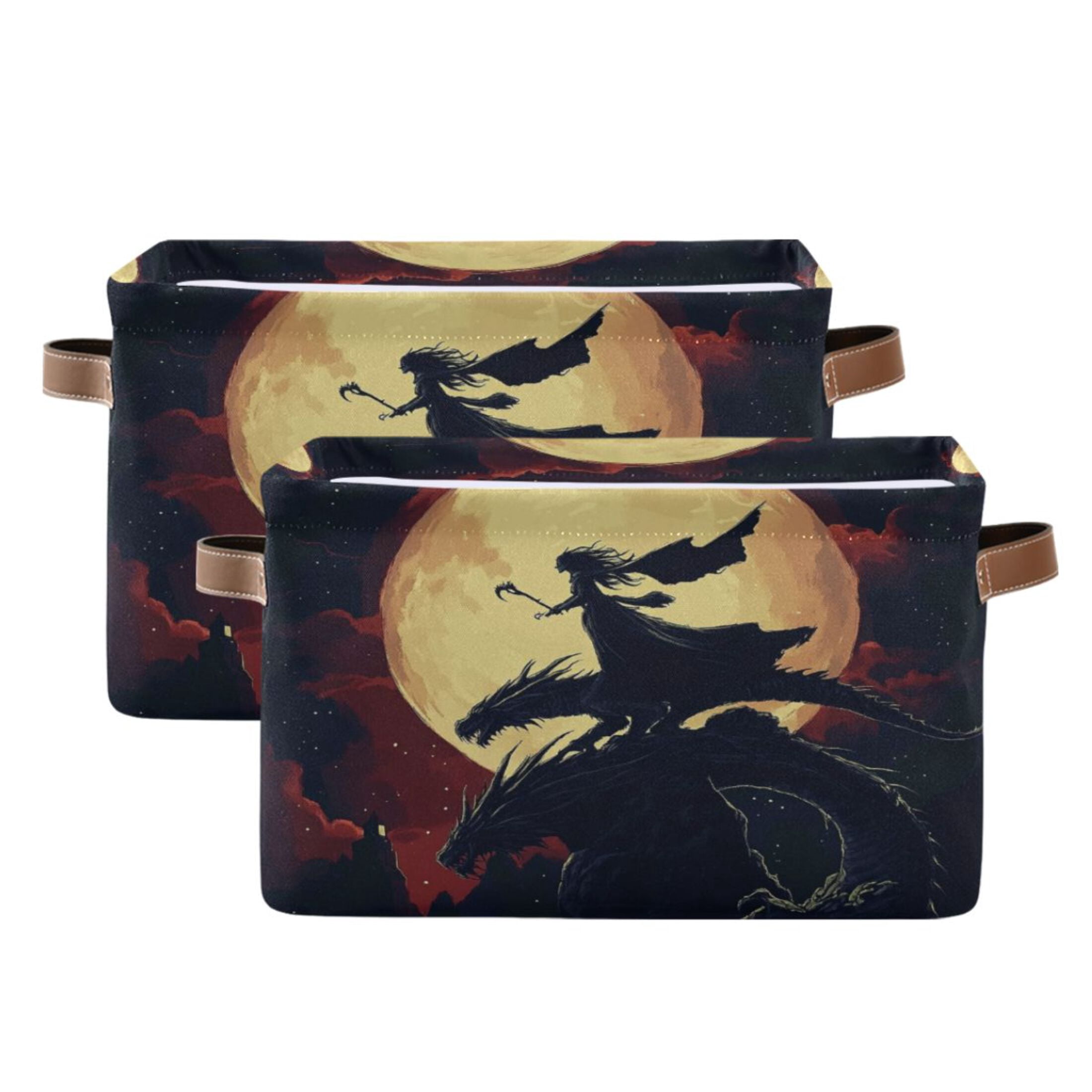 WOBOGO Witch and Black Dragons Square Storage Basket with Waterproof Canvas and PE Lining Durable PU Leather Handles 14.2×10.2×8.3in
