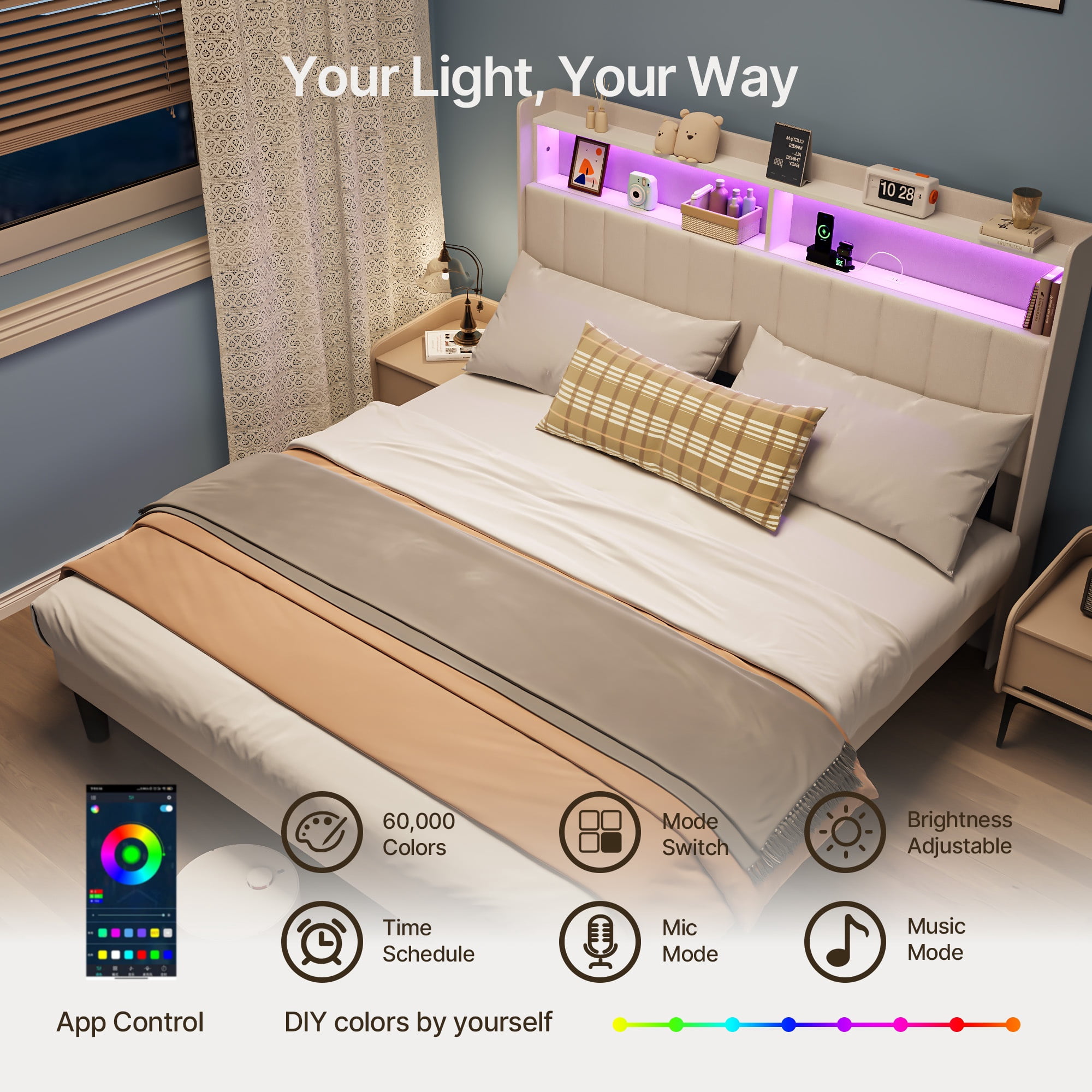 Asofer Queen Bed Frame With  RGB LED Smart RGB LED Lights & Charging Station, No Box Spring & Wood Slats, Beige
