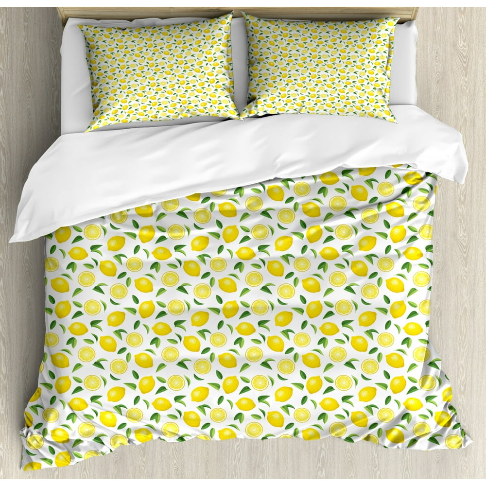 Lemon Duvet Cover Set, Lemons and Leaves Half Sliced Summer Juicy Fruit
