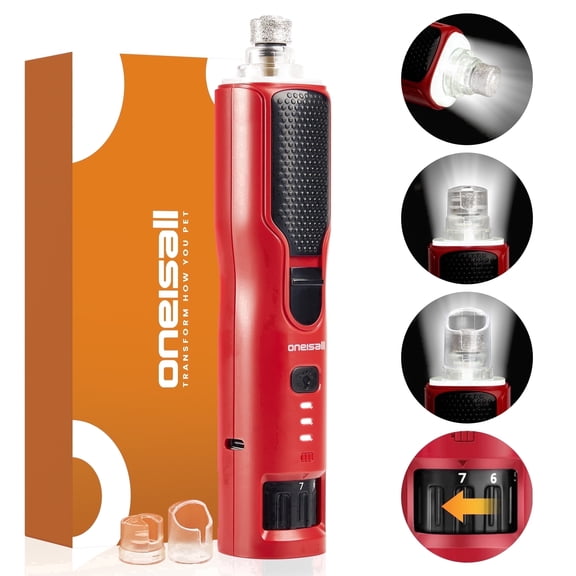 Oneisall NG01 Professional Dog Nail Grinder 7-Speed & 360° LED Light & 3 Brightness, Low Noise Dog Nail Trimmer, Pet Nail Grinder for Dogs and Cats, with Extra Grinder Head Cover - Red