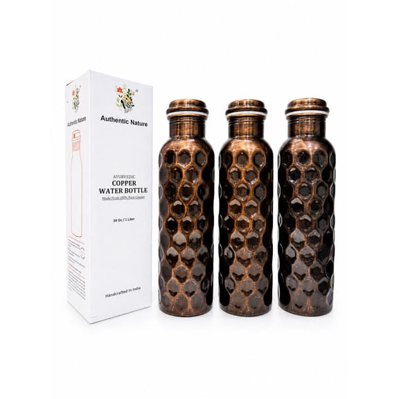 Authentic Nature Ayurvedic Copper Water Bottle, Pure Copper, 1 Litre/34 Oz, Antique Diamond Design, With Health Benefits, Handcrafted in India (Pack of 3 Bottles)