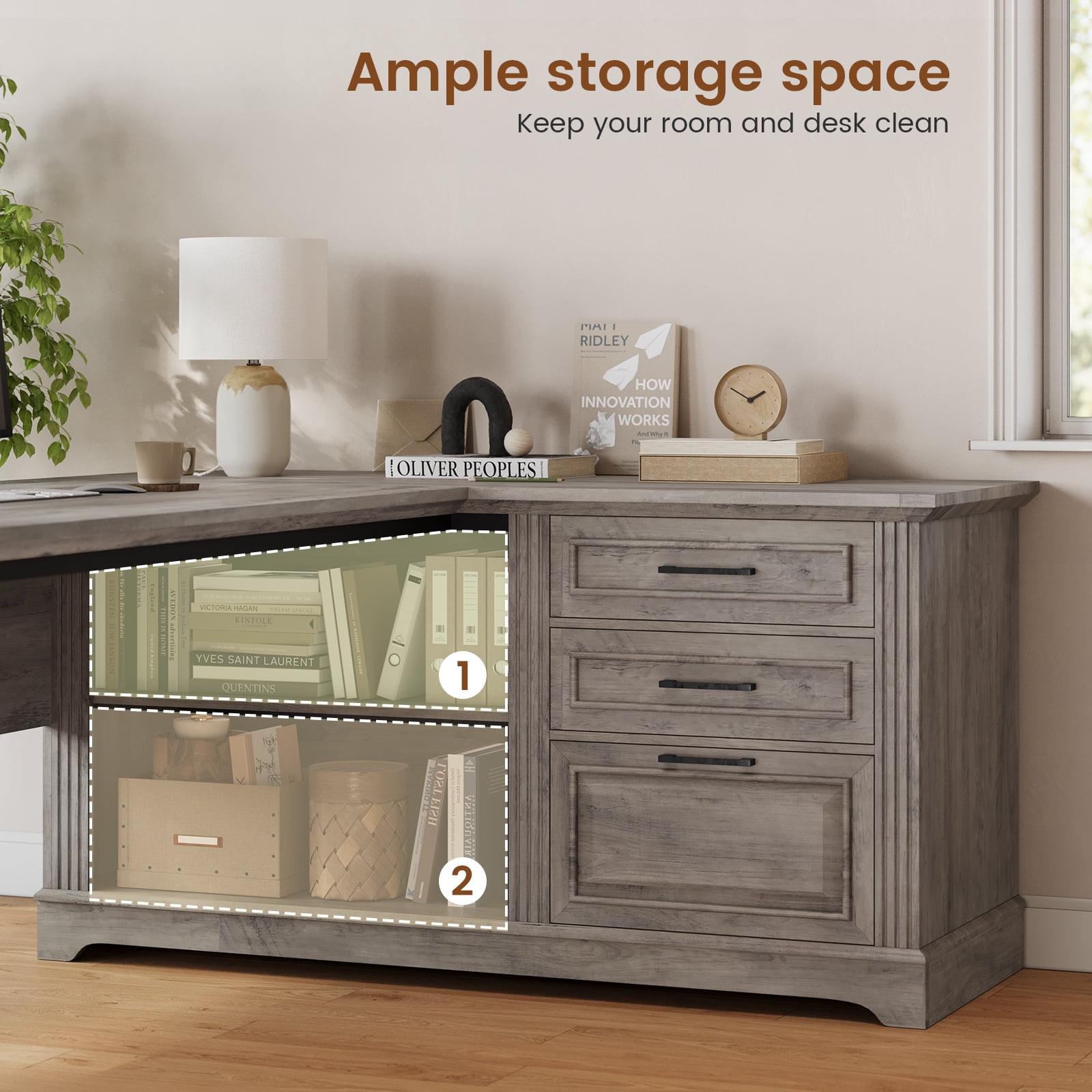 Farmhouse L Shaped Desk, 61" Wood Executive Deskwith Large Desktop and Storgae, Home Office Desk with Drawers and Open Shelves, Computer Desk with Power Outlets, Spacious PC Workstation, Grey