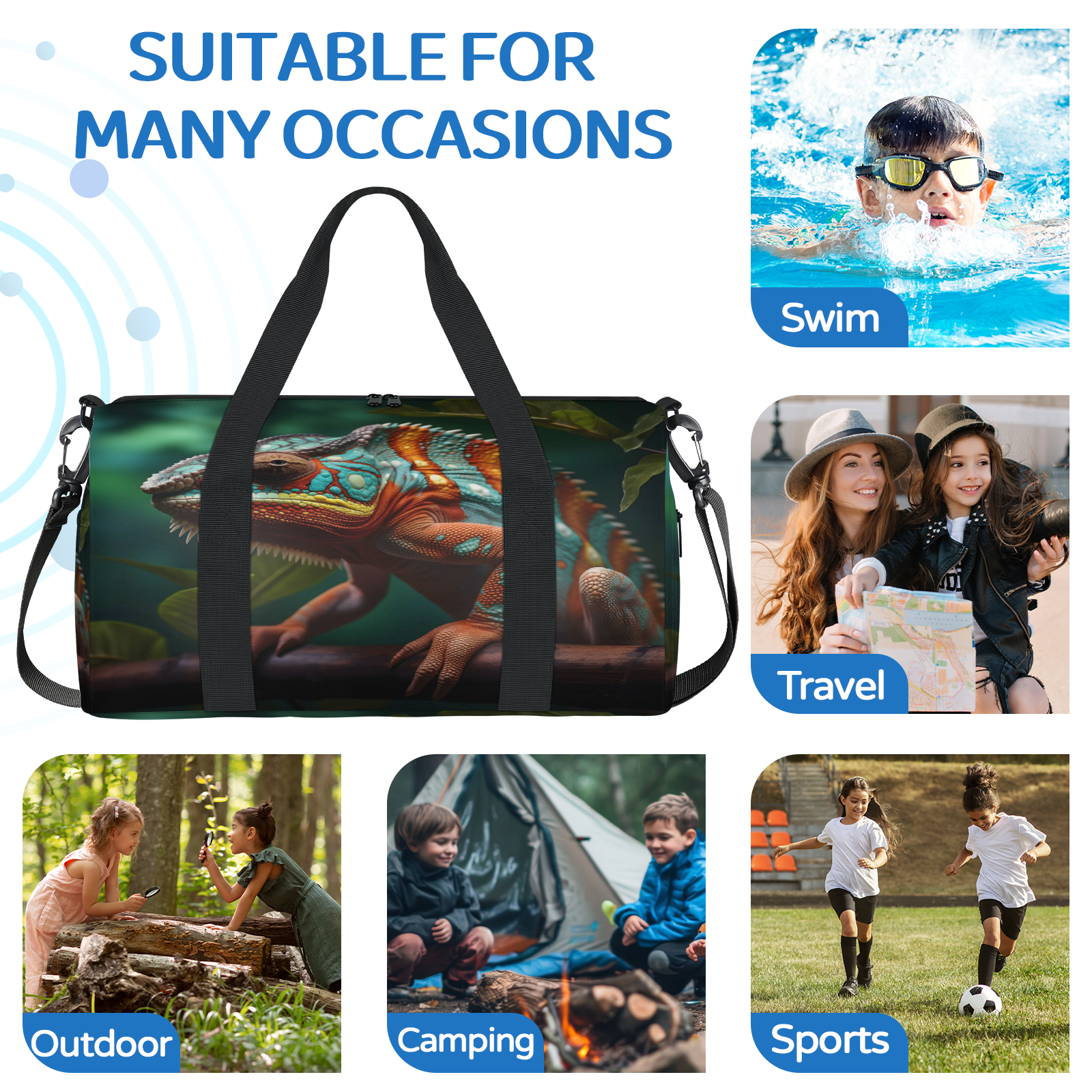 Herdesigns Jungle Lizard Gym Bag for Women, Duffle Bag for Travel Sport, Lightweight Waterproof Carry on Weekender Overnight Dance Yoga Workout Bags