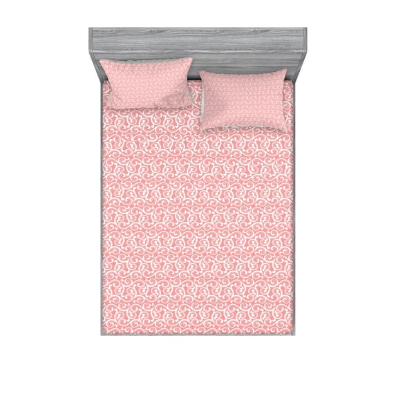 Vintage Bedding Set with Sheet & Covers, Ornamental Design of Swirled Floral Pattern with Dotted Lines on Coral Backdrop, Printed Bedroom Decor 2 Shams, 4 Sizes, Coral White, by Ambesonne