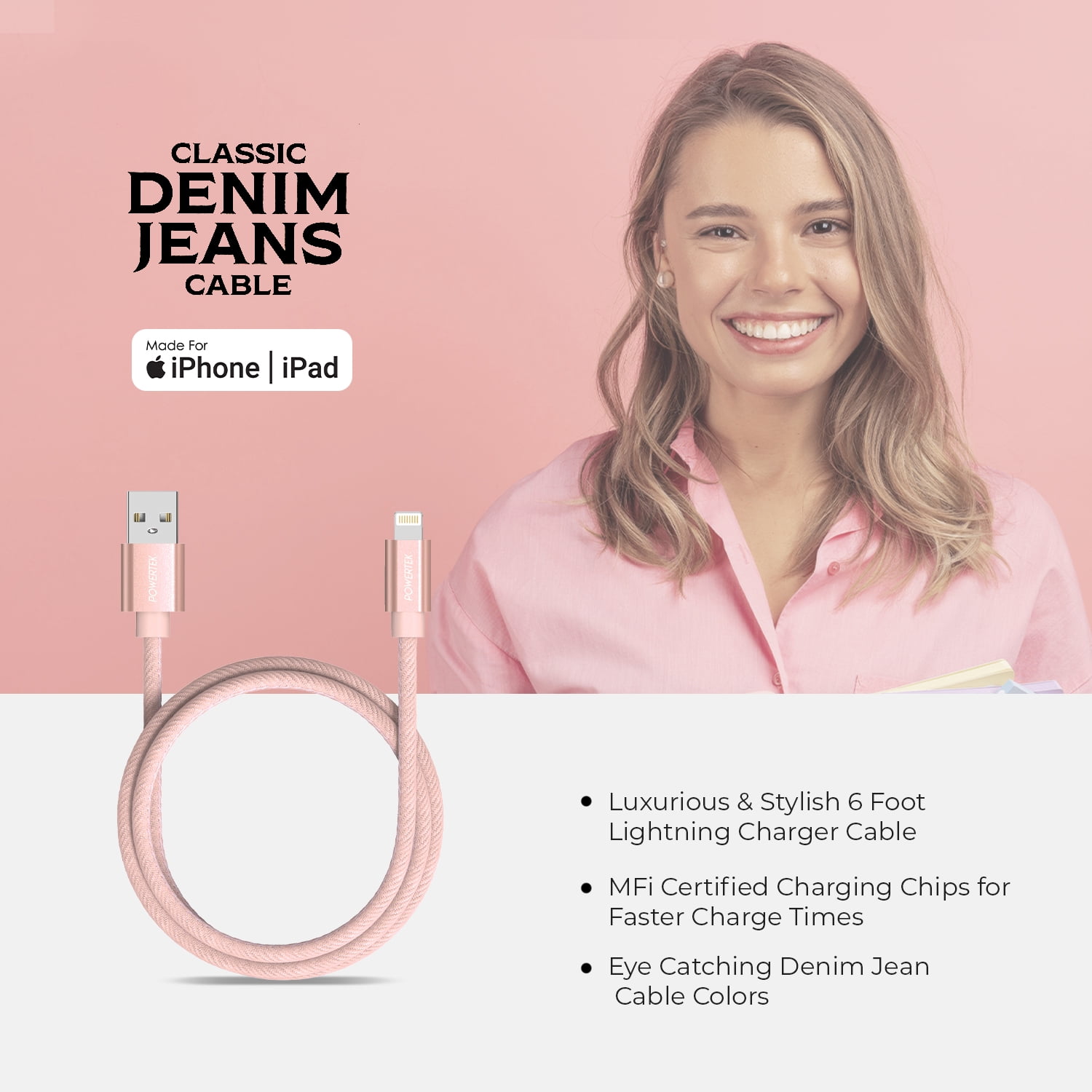 Liquipel Powertek Denim USB-A to Lightning - Pink