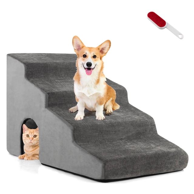 Gymax Pet Dog Stairs Steps 4-Step High Density Foam Dog Ramp w/Non-slip Bottom Grey