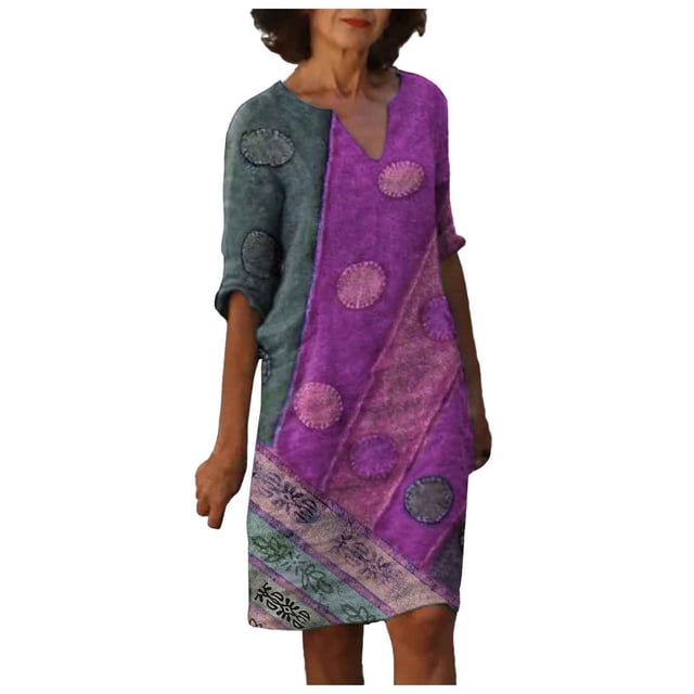 TJAZFJPA Robe Aguichant Noire Femme Coton Lin Petit Col en V Rétro Manches Trois Quarts Robe Robe Manteau Femme Grande Taille Robes d'Été