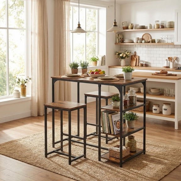 FurnitureR 3-Piece Bar Table Set with 2 Stools, 40" Counter Height Dining Table with 3-Tier Storage Shelves, Space-Saving Industrial Kitchen Breakfast Nook, Rustic Brown