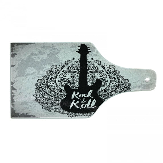 Rock and Roll Cutting Board, Greyscale Retro Grunge Graphic of Electric Guitar Ornaments, Decorative Tempered Glass Cutting and Serving Board, in 3 Sizes, by Ambesonne