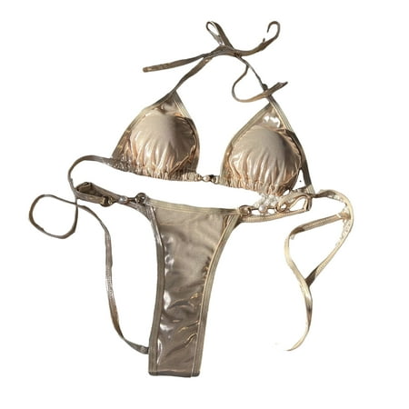 Kitem 2Pcs/Set Women Sexy Bikini Set Bright Surface Faux Pearl Halter Bra Lace-up Thong Set Quick Drying Swimwear Beachwear (Golden S)