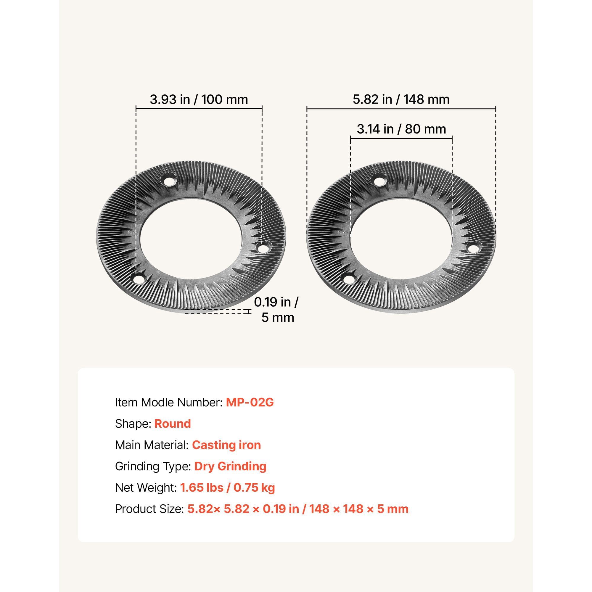 Grinding Sheets for Electric Grain Mill, 2PCS Cast Iron Dry Grinding Discs, Compatible with GM-001/GM-002/GM-003, 5.7 Inch Size for Grains, Corn, Coffee Beans