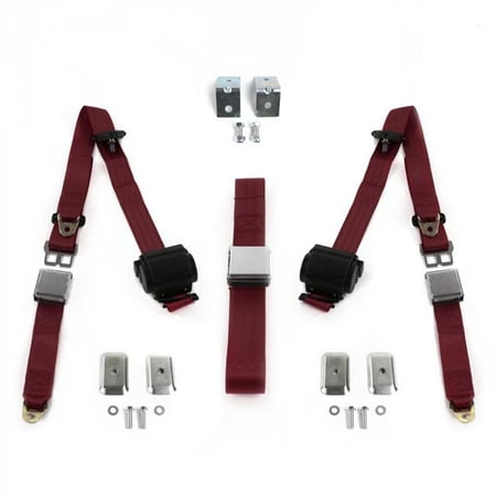 Airplane 3 Point Burgundy Retractable Bench Seat Belt Kit with Bracketry for AMC Matador 1971-1978 - 3 Belts