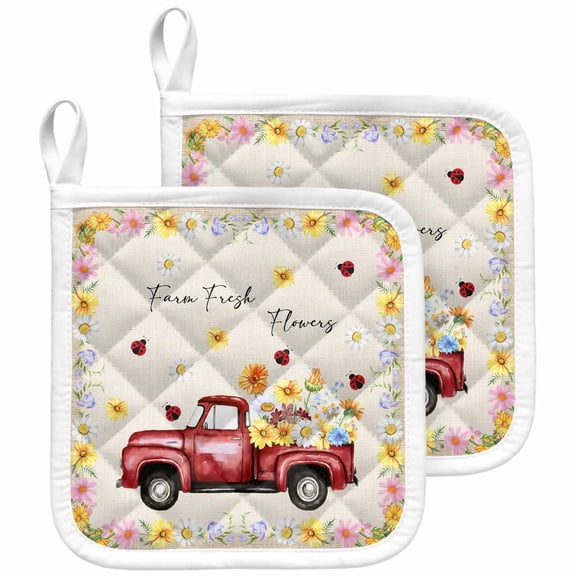 Farmhouse Flowers Pot Holders for Kitchen Heatproof Potholder, 2 Pack Botanical Floral Ladybirds Truck Hot Pads Multipurpose Oven Pads Cloth Potholders Trivet for Cooking and Baking