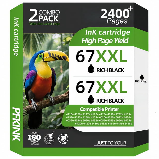 Cartucho de tinta negra PFKink 67XXL, paquete de 2 para impresoras HP