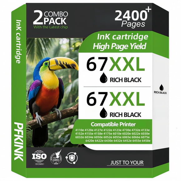 Cartucho de tinta negra PFKink 67XXL, paquete de 2 para impresoras HP