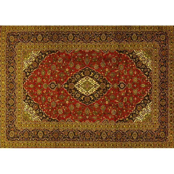 Ahgly Company Machine Washable Indoor Rectangle Medallion Yellow Traditional Area Rugs, 4' x 6'
