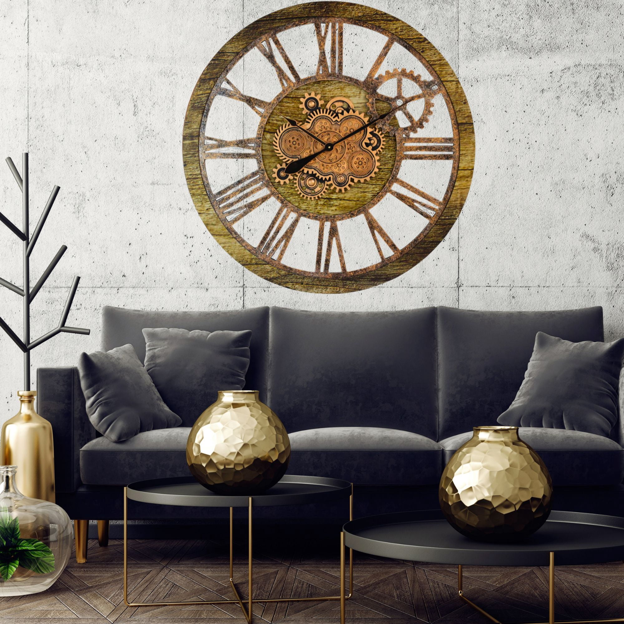 THE GEARS CLOCK Wall Clock with Real Moving Gears AM-LI_ 36 in Round Gold-Antique