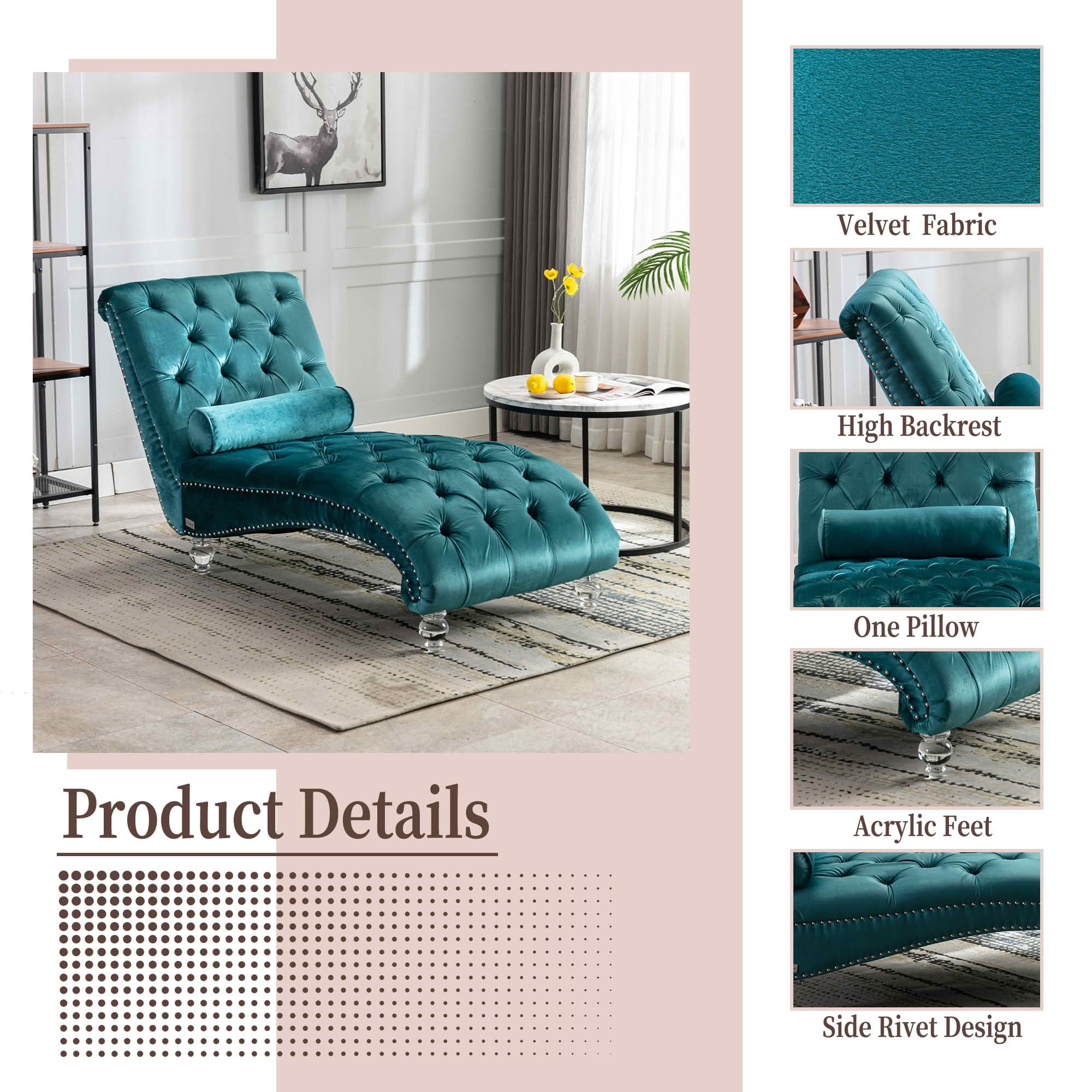 MAYEERTY Velvet Button Tufted Chaise Lounge with Pillow, Ergonomic S-Shape Indoor Lounge Chair with Wood Frame Acrylic Legs for Bedroom Living Room Office