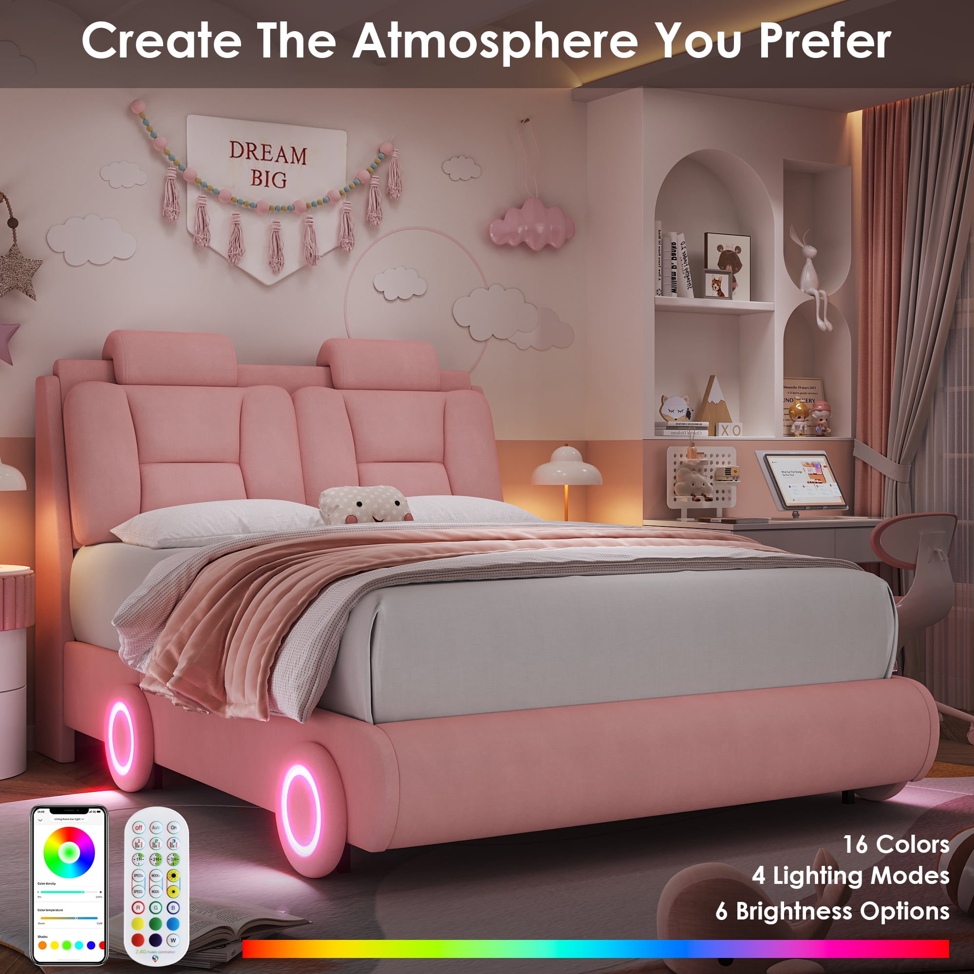 Homfa Full Size Car Bed Frame with LED Wheels, Velvet Upholstered Platform Bed with Adjustable Headboard and Removable Pillows, Pink