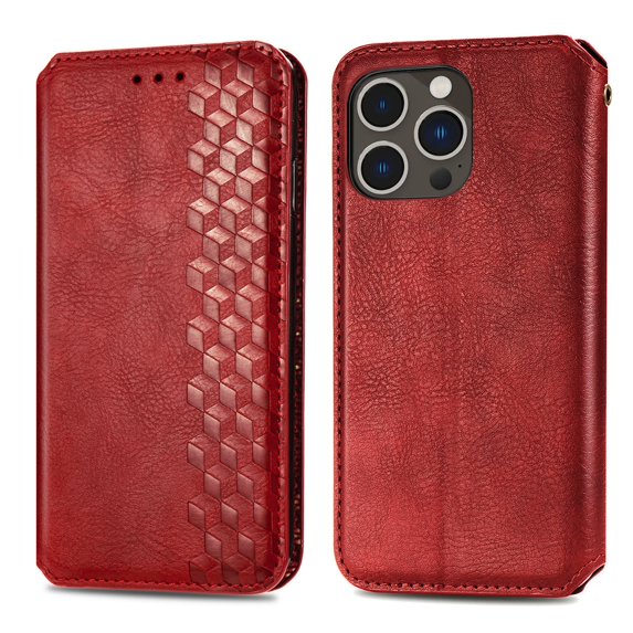 SaniMore Wallet Case for iPhone 14 Pro Max 6.7", Vintage PU Leather Case Card Slots Cash Pocket Stand Feature Magnetic Closure Anti-drop Shockproof Full Body Protective Case, Red
