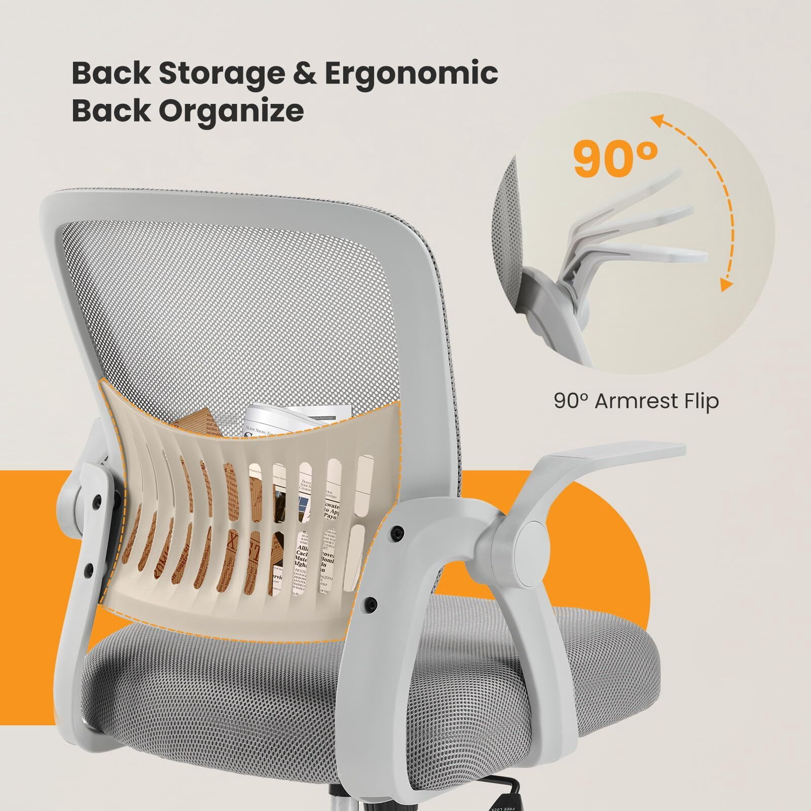 Kelno Ergonomic Mesh Office Chair Mid Back Desk Chair with Lumbar Support Flip-up Armrests Adjustable Height Swivel Task Chair, Gray