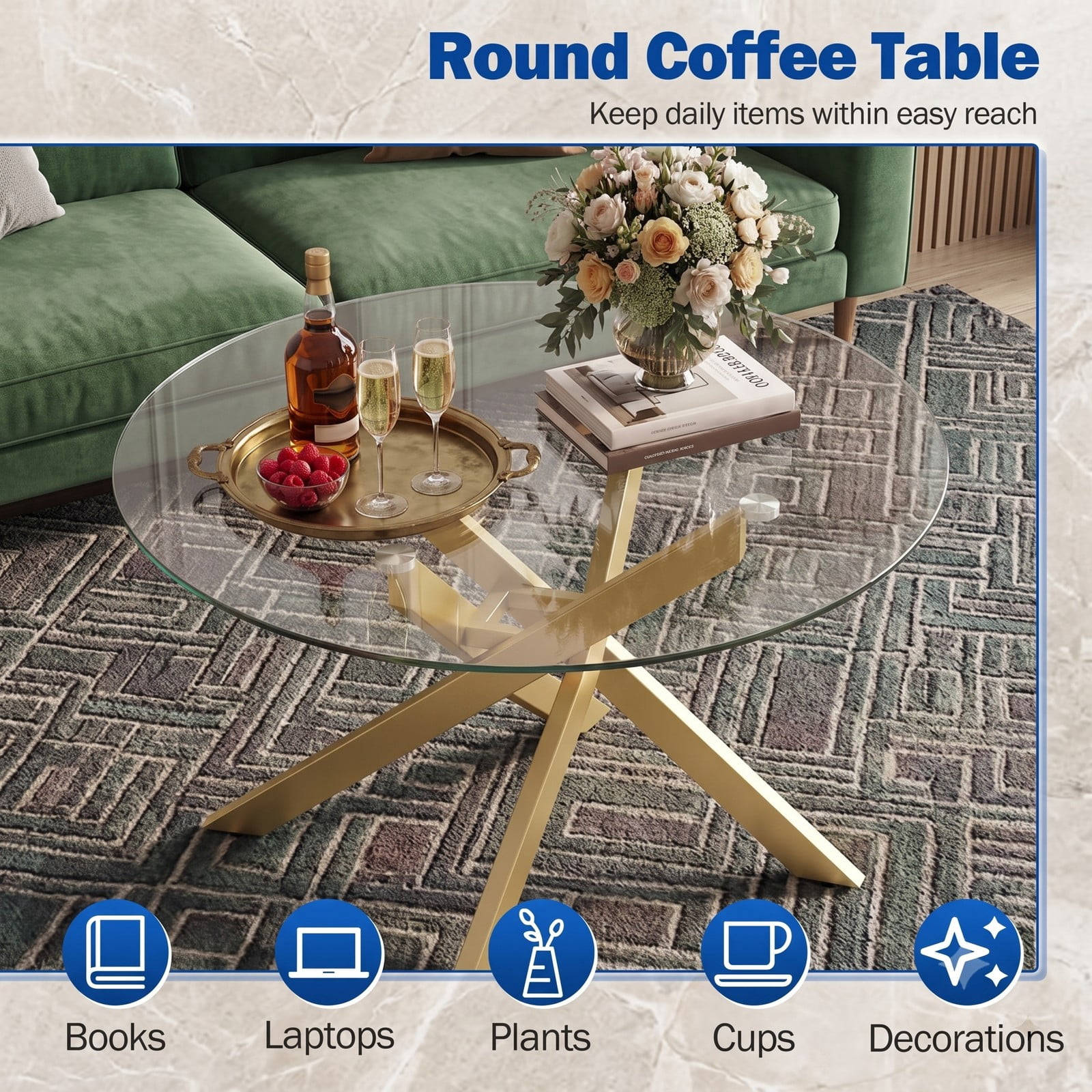 Furnibear Round Glass Coffee Table, Tempered Glass Top Center Table with Geometric Gold Metal Frame for Living Room, Adjustable Foot Pads, Modern Clear & Gold