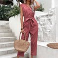 thumbnail image 5 of Kmdttou Clearance Under 10$! Women's Summer Sleeveless V-neck Solid Color Straight Leg High Waisted Lace Up Jumpsuit on Clearance!, 5 of 6