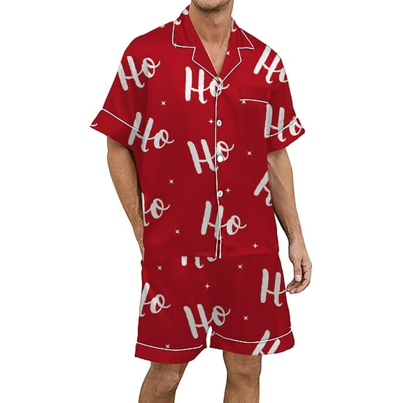 CONZONE Christmas Mens Pajama Sets Casual Men's Pjs Set Xmas Graphic Print Satin Pajamas Tops Shorts 2Pcs Sleepwear Outfit for Men Cozy Fall Winter Homewear Loungewear Sets