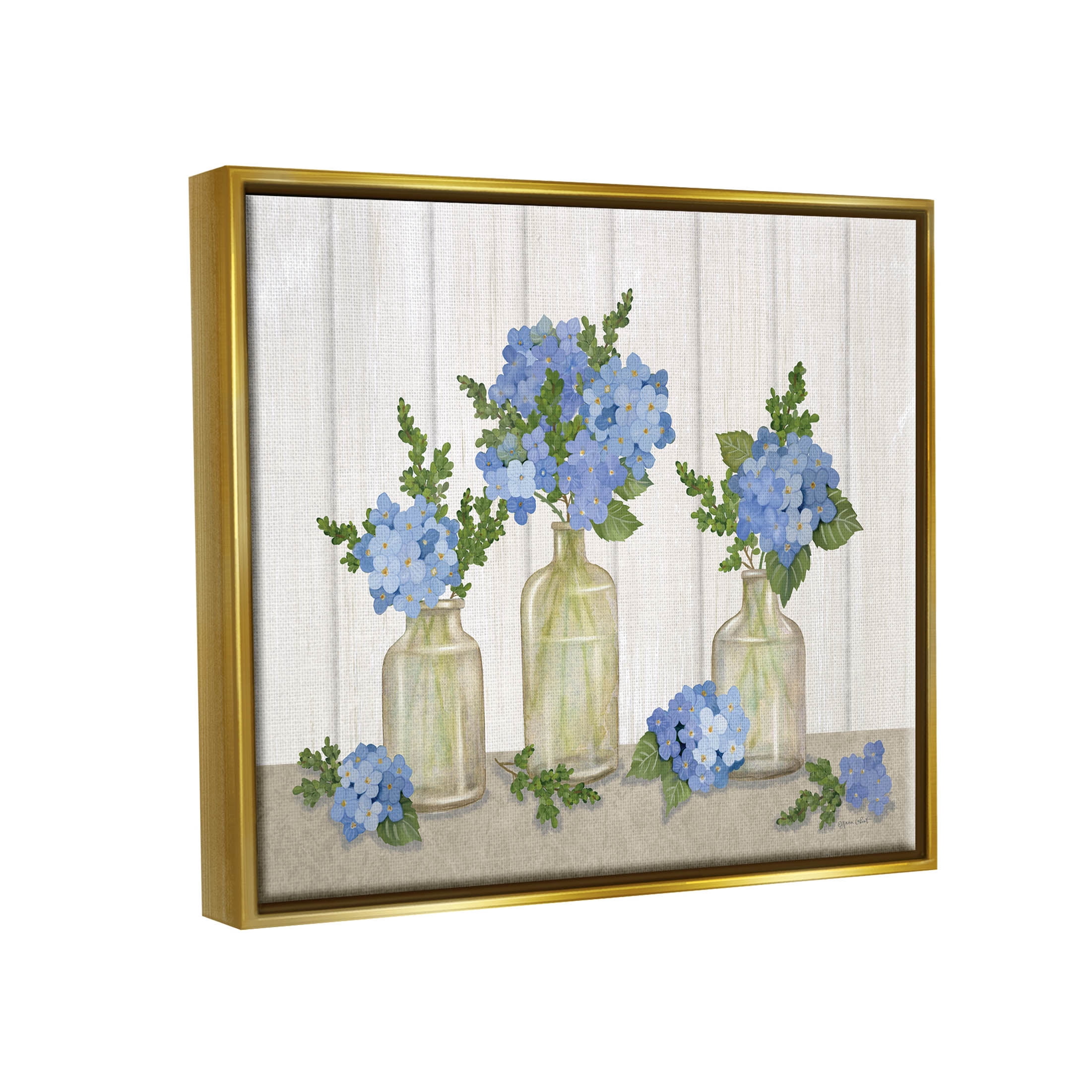 Stupell Industries Blue Geranium Flower Vases Graphic Art Metallic Gold Floating Framed Canvas Print Wall Art, Design by Annie LaPoint