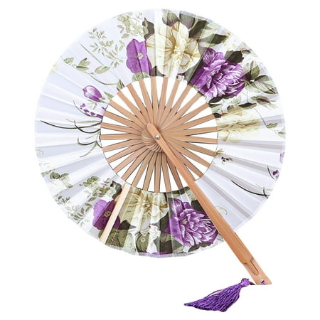 

Hadanceo Ancient Classic Hand Fan with Tassel Dress Up Costume Bamboo Flower Print Round Fan Performance Supplies