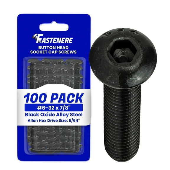Fastenere Button Head Socket Cap Screws - 6-32 x 7/8" (100-Pcs) Alloy Steel, Fully Threaded, Fine Black Oxide Finish, Corrosion-Resistant, Machine Thread, Easy to Install w/ Allen Hex Drive