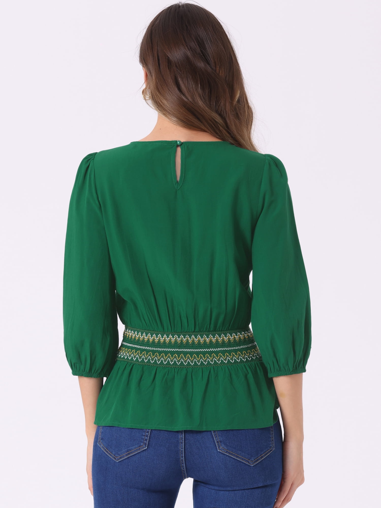 DARING DIVA Women's Peplum Puff Half Sleeve Smocked Waist Blouses M Green