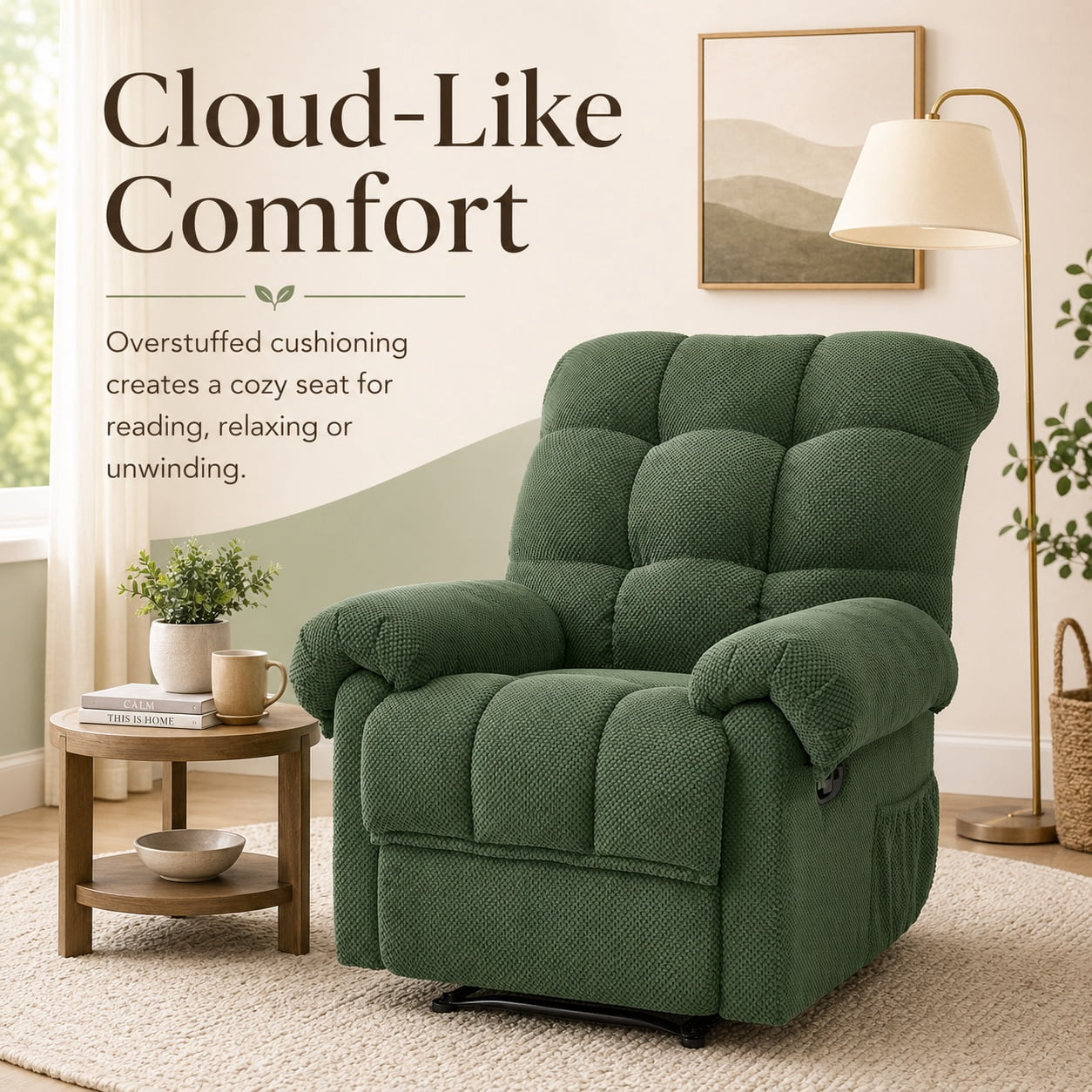 Miniyam Overstuffed Recliner Chair with Plush Armrests, Adjustable Ergonomic Recliner, 105° to 165° Reclining, Green