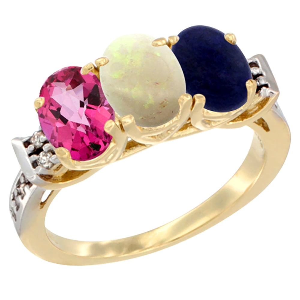10K Yellow Gold Natural Pink Topaz, Opal & Lapis Ring 3-Stone Oval 7x5 mm Diamond Accent, sizes 5 10 by WorldJewels